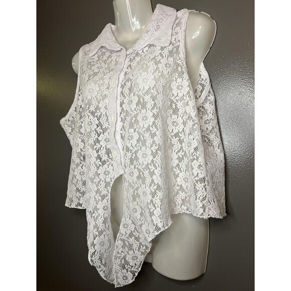 Vivid Collection Lace Button Shirt Womens Large Sleeveless Floral Sheer Top USA - Picture 3 of 6